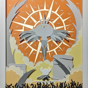 May include: A papercraft scene depicting a knight in a dark forest. The knight is facing a large, winged creature with a crown. The scene is set against a backdrop of orange and yellow clouds.