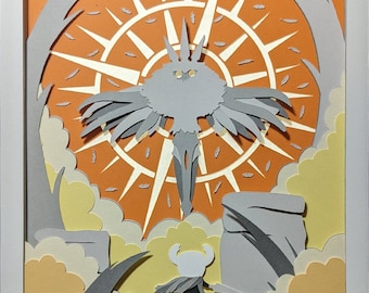 El resplandor del color: caja de luz de papel recortado con temática de Hollow Knight