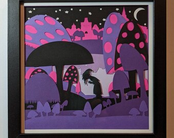 The Mushroom Gatherer - Arte en papel en capas con temática de fantasía rosa neón y morado
