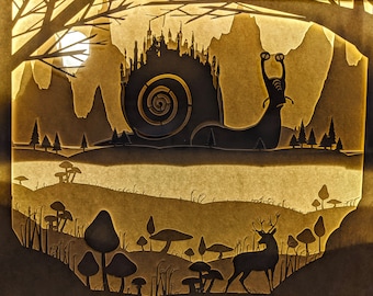 Civilización - Paisaje de fantasía de Snail City, caja de luz cortada en papel / caja de sombras, arte en papel
