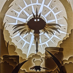 May include: A papercraft silhouette of a knight facing a large, winged creature with a crown. The creature is surrounded by a glowing white circle with radiating lines. The knight is standing on a platform with a dark background.