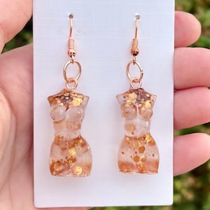 Rose Gold Glitter Goddess Earrings, Resin Jewelry, Feminism Jewellery, Unusual Earrings, Women’s Body Earrings