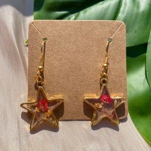 Red Flower Earrings, Real Pressed Flower Resin Earrings, Gold Star Earrings, Celestial Gift