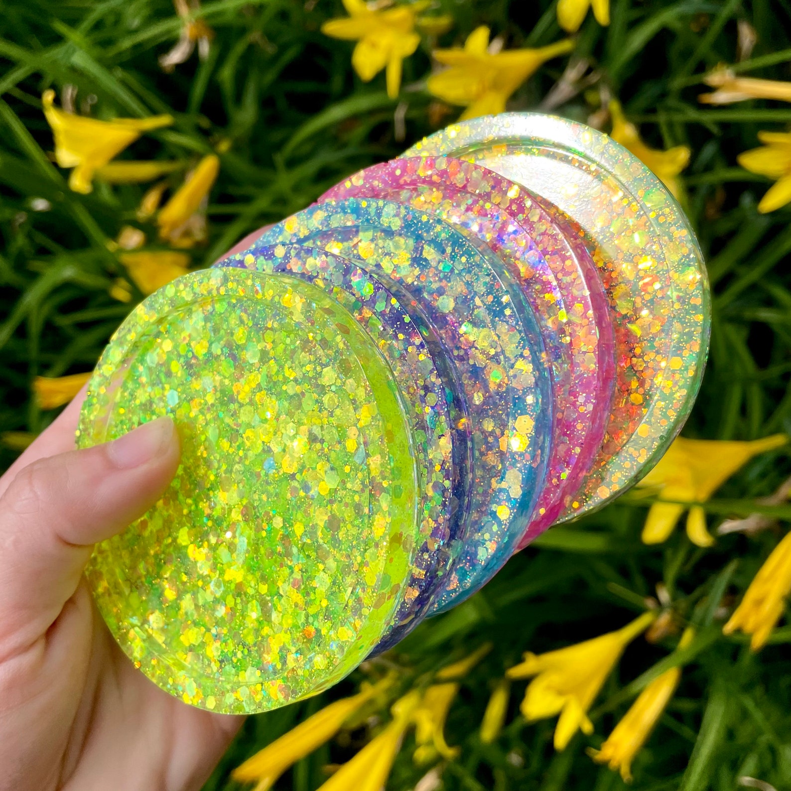 Rainbow Glitter Coaster Resin Glitter Coaster Set Five Etsy