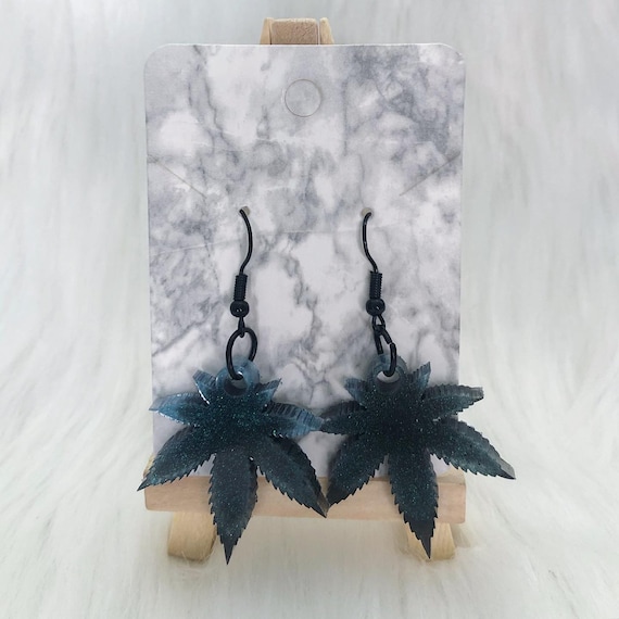 Blue and Black Weed Earrings Stoner Gift Hemp Leaf Marijuana