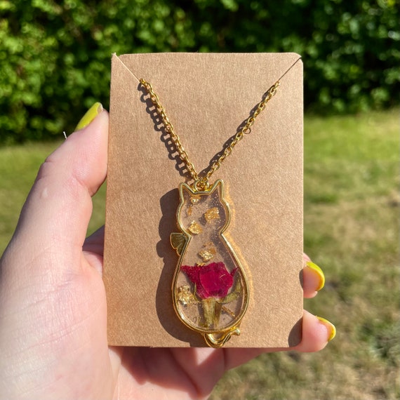 Red Rose Pendant Necklace Real Pressed 