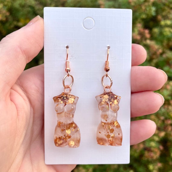 Rose Gold Glitter Goddess Earrings Resin Jewelry Feminism