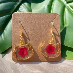 Red Blossom Flower Earrings, Real Pressed Flower Resin Earrings, Gold Cat Earrings, Cat Gift