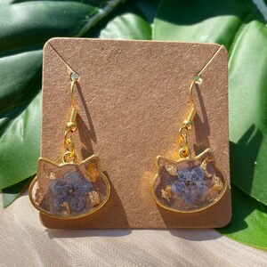 Forget Me Not Flower Earrings, Real Pressed Flower Resin Earrings, Gold Cat Earrings, Cat Gift