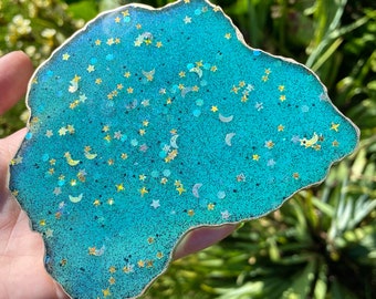 Turquoise and gold glitter agate coaster, resin geode coaster, house warming gift