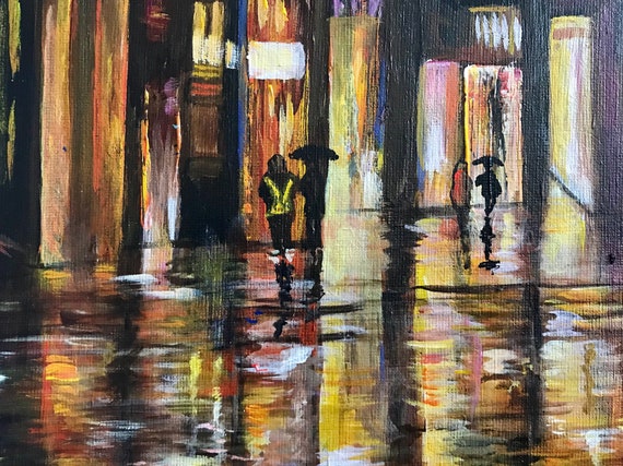 雨の中を歩くアクリル手作り絵画 - Etsy 日本