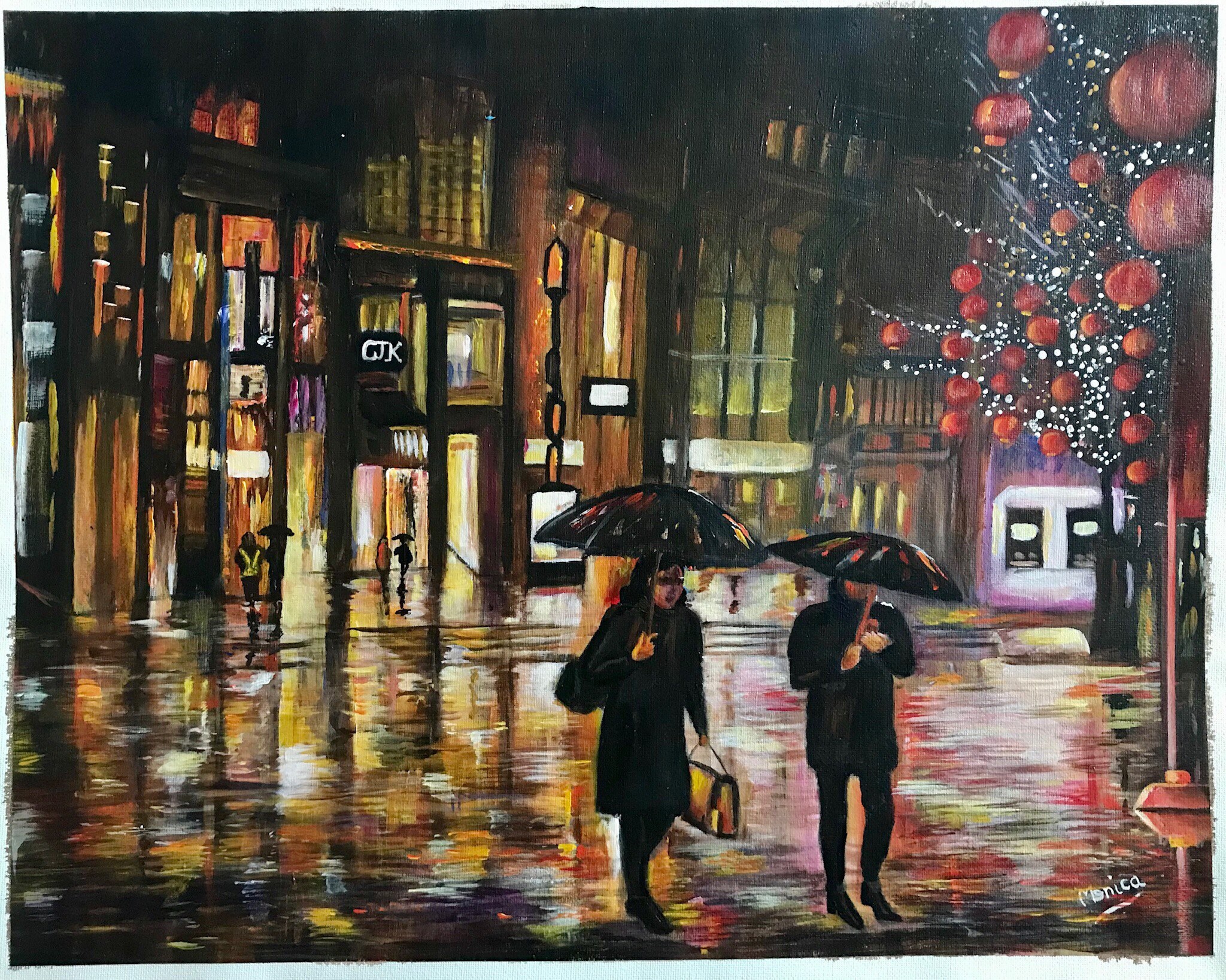 m**様 アクリル絵画　風景画　雨止んだね、お散歩行こか♡ 雨の中を歩くアクリル手作り絵画 - Etsy 日本