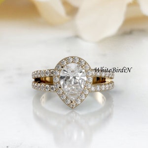 Pear Shape Moissanite Halo Engagement Ring, 14k Yellow Gold Stacking Anniversary Ring, Bridal Promise Rings for Women, Wedding Gift