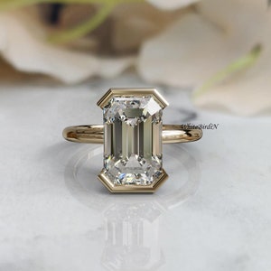 IGI Certified Emerald Cut Diamond Engagement Ring, 2.5 CT Emerald Cut Lab Grown Diamond Ring, Half Bezel Set Wedding Ring 18K Yellow Gold