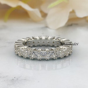 Princess Cut Colorless Moissanite Eternity Ring, Matching Wedding Band, Comfort Fit Band Full Eternity Ring Anniversary Gifts Bridal Set