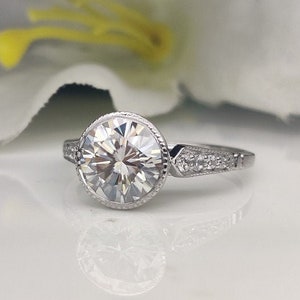 2CT Round Brilliant Bezel Ring | Bezel Engagement Ring | Solid 14K White Gold Ring | Colorless Moissanite Ring | Lab Diamond Wedding Ring