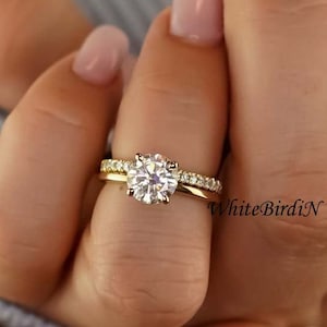 14K Solid Yellow Gold Wedding Sets /1.50CT Round Simulated Diamond Bridal Sets/ Moissanite Ring Set/Promise ring/White gold ring For Women