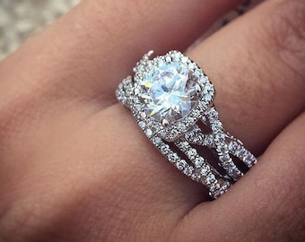 3 Ct Moissanite Bridal Set Engagement Ring 14k White Gold Excellent Round Cut