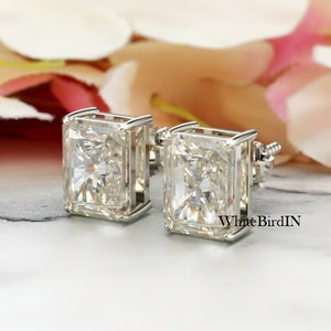 3.00 Ct Radiant Cut Moissanite Stud Earring, Basket Set Lab Diamond Earrings, 14K White Gold ScrewBack Stud Earrings, Dainty Bridal Earrings