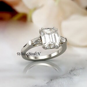 3.50 CT Emerald Cut Moissanite Engagement Ring, Three Stone Engagement Ring, Claw Prongs Ring, Anniversary Gift Ring, Bridal Wedding Ring