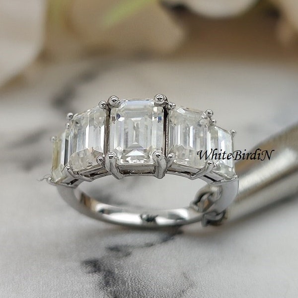 Five Stone Engagement Ring , 2.90 CT Emerald Cut Moissanite Engagement Ring, Women's Wedding Ring, Lab Grown Diamod Ring, 14K White Gold