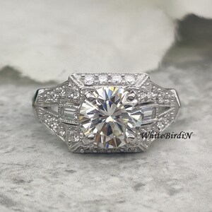 2.60Ctw Art Deco Round Cut Moissanite Ring, Antique Moissanite Engagement Ring, Art Deco Simulated Diamond Ring, 14K White Gold Gifts Ring
