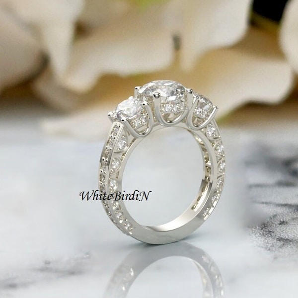 Three Stone Moissanite Ring, 2.80Ct Round Cut Bridal Wedding Ring 14K White Gold Ring Simple Women Ring Solitaire Moissanite Engagement Ring