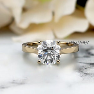 2 Carat Moissanite Ring | Round Cut | 14K Yellow Gold | 4 Prong Solitaire Engagement Ring | 4 Prong Wedding Ring | Lab Diamond Simu Ring