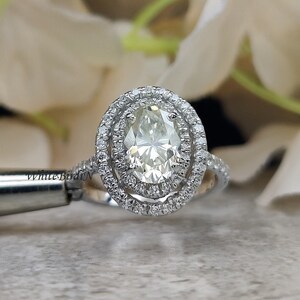 Double Halo Oval Cut Moissanite Engagement Ring - 14k Solid Gold Oval Moissanite Anniversary Ring For Her - Art Deco Diamond Wedding Ring