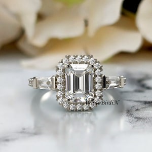 Luxurious 14K Solid Gold Ring - Halo  8x6mm Emerald Cut Moissanite Engagement Ring with Simulated Diamond Ring Anniversary Gift Woman