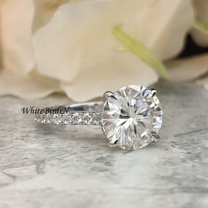 3,60ctw okrągły pierścionek Moissanite Solitaire, pierścionek zaręczynowy ze złota 14K, pierścionek zaręczynowy, pierścionek z 4 zębami, pierścionek z diamentem stymulującym, pierścionek z białego złota 14K
