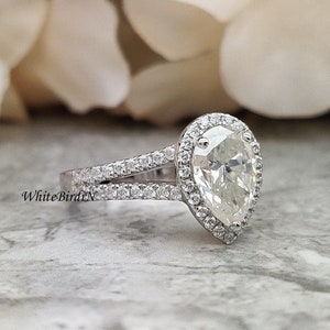10x7 MM Pear Moissanite Engagement Ring / Moissanite Bridal Ring / 14K Halo Wedding ring/ Pear Halo Split Shank Handmade Anniversary Ring