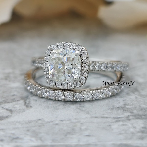 1.70CTw Halo Engagement Ring Set 14k White Gold, Cushion Halo Ring, Cushion Moissanite Ring, Forever One Cushion Cut Ring, Halo Ring Set