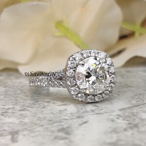 14k White Gold Diamond Ring Engagement Ring Forever One Moissanite Ring Certified 8mm/2ct Round Near Color Moissanite Halo Diamond Ring