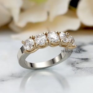 5 Stone Diamond Ring 1 Carat 14k Solid White Gold Five Stone Wedding Band Anniversary Ring Lab Grown Diamond Wedding Ring Band Two Tone 14K