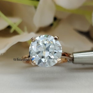 5 Carat Moissanite Engagement Ring, Round Cut Solitaire Simulated Diamond Wedding Ring, Solid 14K Rose Gold Bridal 4 Prong Engagement Ring