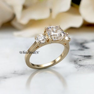 Three Stone Moissanite Ring, 3 Stone Moissanite Engagement Ring, Cushion Cut Trilogy Ring, Lab Grown Diamond Ring, 14K Yellow Gold