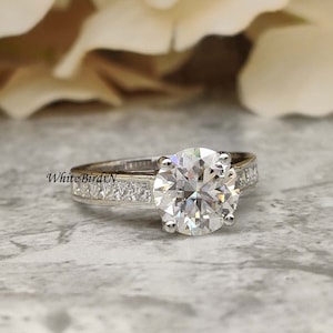2Ct Lab Grown Diamond / Moissanite Brilliant Cut Engagement Ring / 14K White Gold Channel Set Diamond ring  / Anniversary Gift /
