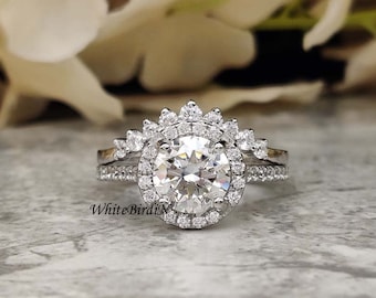 1.80Ct Round Near Colorless Moissanite Ring -Wedding Ring Band - Halo Engagement Ring - Bridal Ring Set- Halo Ring - 14KT White Gold Ring