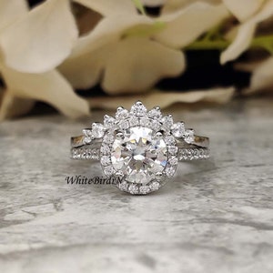 1.80Ct Round Near Colorless Moissanite Ring -Wedding Ring Band - Halo Engagement Ring - Bridal Ring Set- Halo Ring - 14KT White Gold Ring