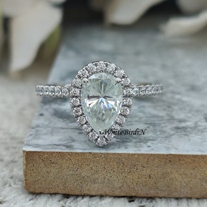 9x6 MM Pear Cut Halo Moissanite Engagement Ring, 14k Solid white Gold Pear Cut Moissanite Wedding Ring, White Pear Cut Moissanite Ring