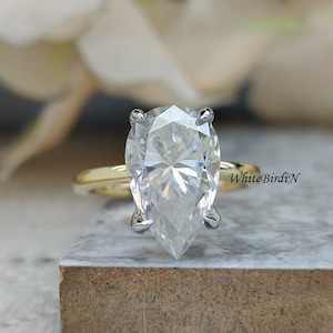 3 Carat Pear Shape Lab Grown Diamond Dainty Engagement Ring / Delicate Proposal Ring 4 Claw Paved Prongs High Set Solitaire Ring Moissanite