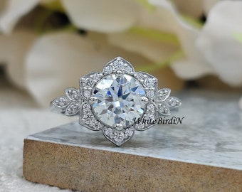 2.00Ct Moissanite engagement ring vintage 14K white gold Art deco engagement ring Unique Flower Bridal Anniversary ring Diamond cluster ring