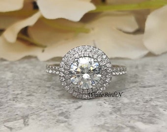 Double Halo Engagement Ring Moissanite Halo Wedding Ring 14K White Gold , Double Halo Bridal Ring Lab Diamond Engagement Rings Halo Ring