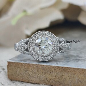 1.30Ctw Carat Round Moissanite Ring Bezel Set Engagement Ring Bezel Halo Colorless Moissanite Ring 14Kt White Gold Simulated  Ring