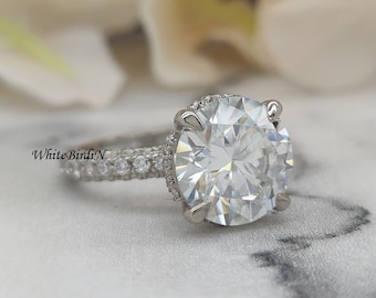 4.80Ct Round Moissanite Solitaire Ring, 14K Gold Engagement Ring, Promise Ring , Three Rwo Simulated DIamond  Ring, 11mm Moissanite Ring