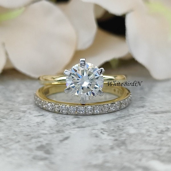 14K Yellow Gold Wedding Set 1.80CT Round Cut Moissanite Bridal Ring Set, Solitaire Bridal Set, Diamond Solitaire Ring, Wedding Band Ring Set