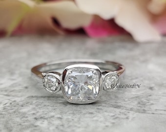 Three Stone Engagement Ring / 2.10 CT Moissanite Cushion Cut Diamond Ring / Argentium Ring for Women / Bezel Set Ring / 14K White Gold Ring