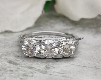 1.80 Ctw Art Deco Round Cut Moissanite Ring, Antique Vintage Lab Grwon Diamond Engagement Ring, Art Deco Three Stone Simulated Diamond Ring,