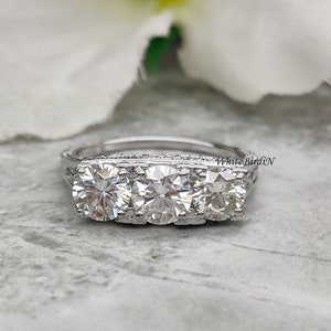 1.80Ctw Art Deco Round Cut Moissanite Ring, Antique Vintage 3 Stone Moissanite Engagement Ring, Art Deco Three Stone Simulated Diamond Ring,